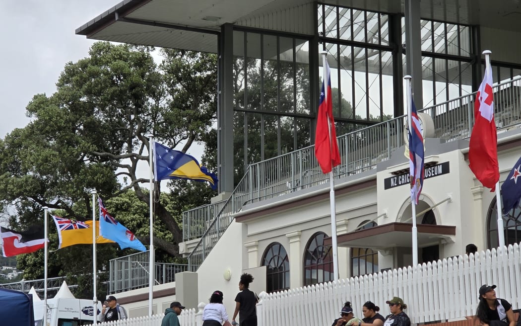 Flags flying at the Basin Reserve during the kilikiti at the Basin event