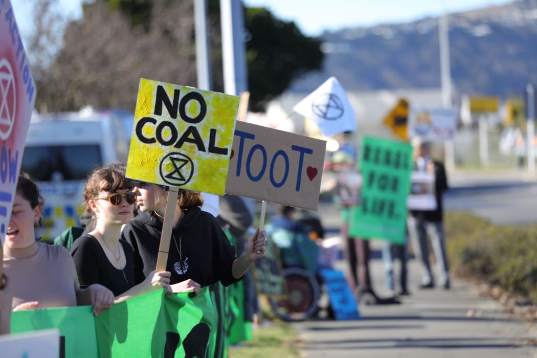 Extinction Rebellion members protest coal in Christchurch on 9 August.