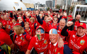Lions fans at the Lions Den Supporters Village at the Cloud in Auckland.