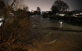 A view from the footbridge next to Nelson's Riverside Pools shows the Maitai River in flood on the morning of 18 August, 2022.
