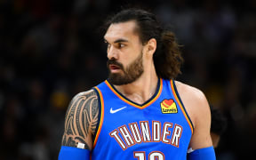 Steven Adamsof the Oklahoma City Thunder looks on during a opening night game against the Utah Jazz at Vivint Smart Home Arena on October 23, 2019.