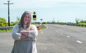 East Bank Road resident Kathe Davey-Emms has highlighted concerns about the dangerously narrow and obscured intersection with Thornton Road. Photo Troy Baker SINGLE USE ONLY