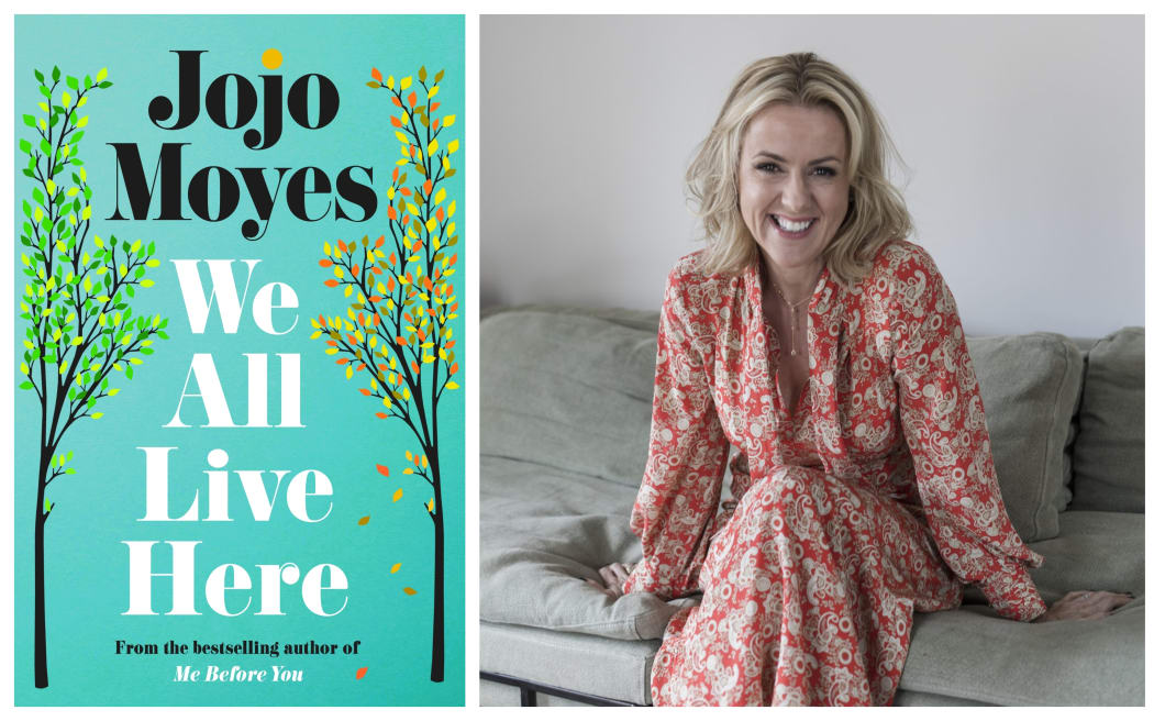 Jojo Moyes next to the book cover for her new book 'We All Live Here'
