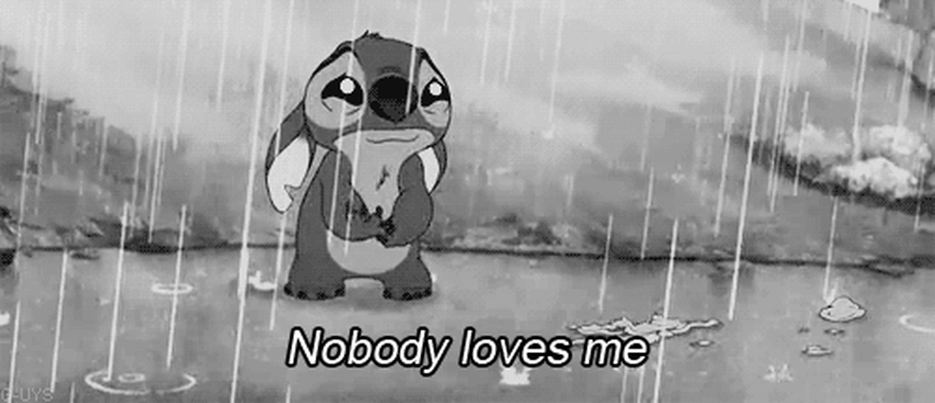 an animated gif of a cartoon animal in the rain saying no one loves me, and crying