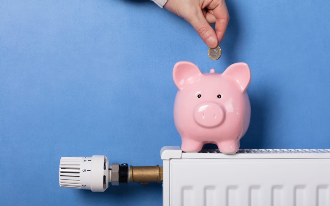 A Person's Hand Inserting Coin In Piggy Bank On Radiator