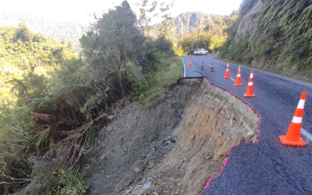 Unstable slip at the Seven Sisters on the Karamea Special Purpose Road, on 9 February 2022 following the red category storm which hit Buller and the northern West Coast a few days earlier.