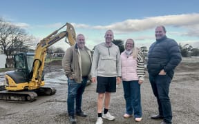 South Wairarapa councillor Martin Bosley, Sid Kempton, Deb Dennes, and councillor Alistair Plimmer at the site of the new Greytown wheels park where construction work is underway.