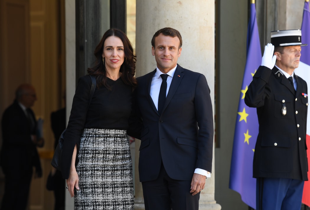 Prime Minister Jacinda Ardern is welcomed by French President Emmanuel Macron at the Elysee Palace for the launch the global "Christchurch Call" initiative to tackle the spread of extremism online, on 15 May.
