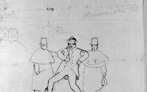 Alfred Domett's 1856 sketch of a parliamentarian, flanked by two police officers, staggering home from parliament worse for wear.