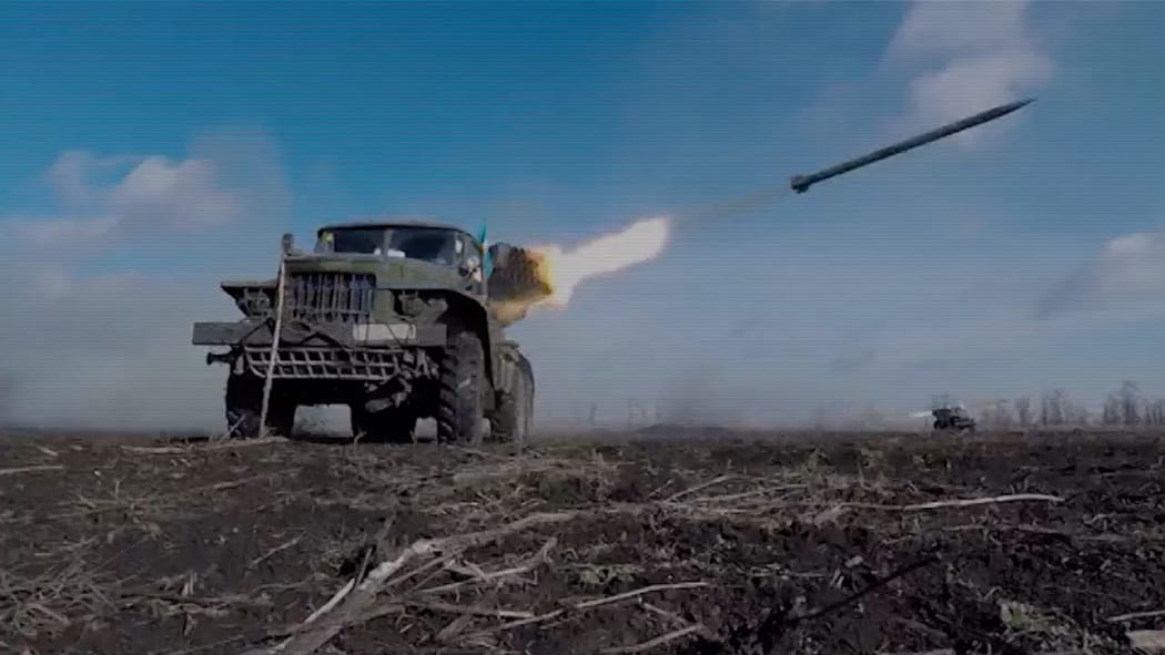 Image grab from file footage of Ukrainian army battling Russian-backed forces in Donbas (Donbass) war zone in eastern Ukraine. Russia launches military operation in Donbass region and invades multiple Ukrainian cities on Thursday Feb 24, 2022.