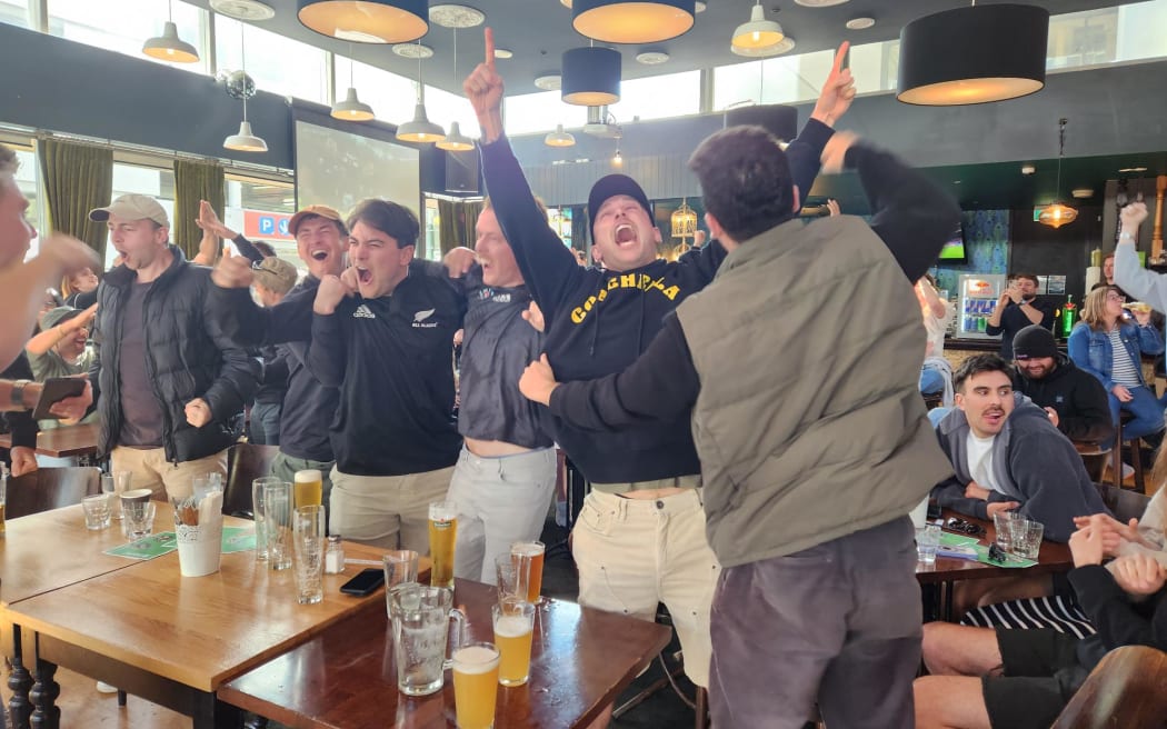 Massive cheers at the Green Man Pub in Wellington as Richie Mo'unga crosses the line during the Rugby World Cup final between South Africa and New Zealand on 29 October, 2023.