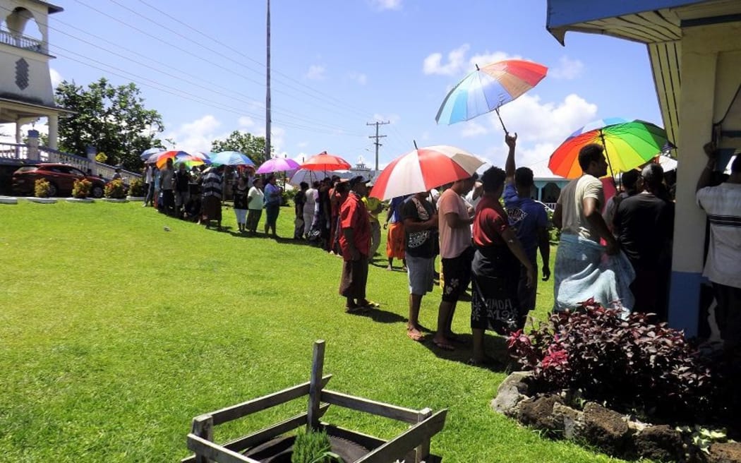 Voters outside a polling station in the Samoa 2021 general election