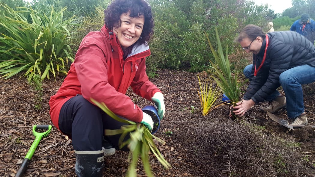 PSA members Bron and Aaron plant trees while on strike.