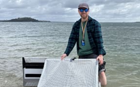 Tom Dowling stands in shallow water at Mission Bay Beach with his pant legs rolled up, holding a prototype of the SAR4SaR radar reflector made from corflute, soft plastic and duct tape.