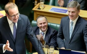 Composite image of Andrew Little, John Key and Bill English in Parliament. Budget 2016