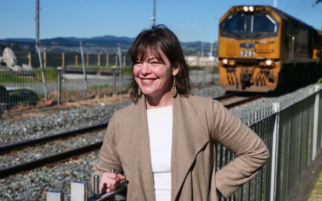 Greens' transport spokesperson Julie Anne Genter during a rail announcement at the Tauranga waterfront. Photo / Tom Eley