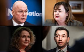 (From top right, clockwise) National Party leader Christopher Luxon, Housing Minister and Labour Party campaign manager Megan Woods, Education Minister Jan Tinetti, and National Party transport spokesperson Simeon Brown.