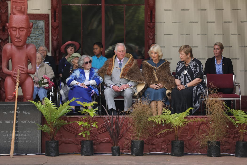 Prince Charles and Camilla, Duchess of Wales, at the Waitangi grounds.