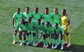 Nigeria Team pose for a group photo before start of play during the FIFA Women's Football World Cup 2023 between Nigeria and Canada at AAMI Park, Melbourne Rectangular Stadium in Melbourne, Australia. Friday 21 July 2023. Copyright Photo: Raghavan Venugopal / www.photosport.nz