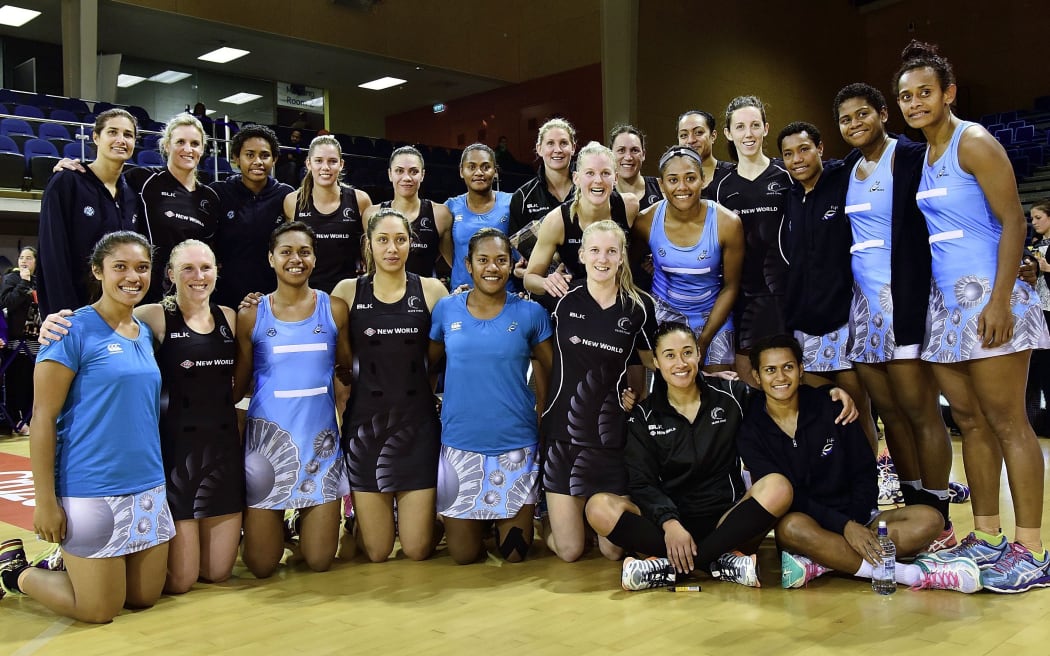 The Silver Ferns and Fiji Pearls have a team photo following their one-off netball clash in Porirua.