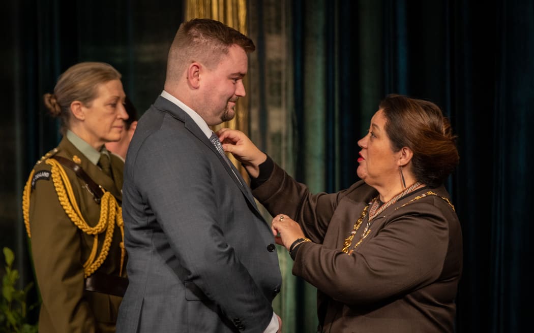 Liam Beale receiving the New Zealand Bravery Decoration