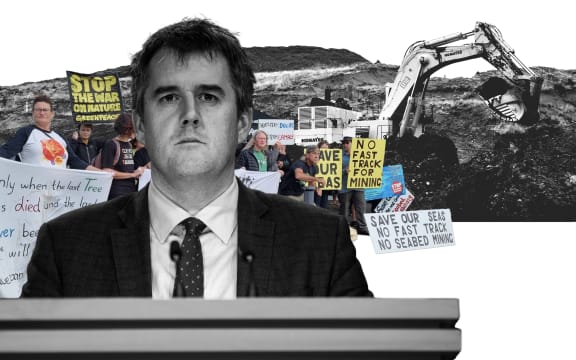 Collage of Chris Bishop, protestors and mining equipment