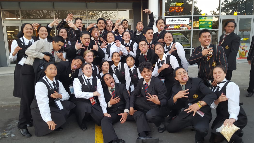 Te Rōpū Raukura, from Rotorua Boys and Rotorua Girls High School, celebrate their victory.