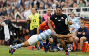 Ngani Laumape is tackled by Ramiro Moyano from Argentina during the Rugby Championship.