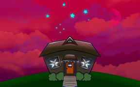 An illustration of a house at dawn. The house has an orange front door and is decorated with twinkly lights. The nine stars of thee Matariki cluster can be seen above the house.