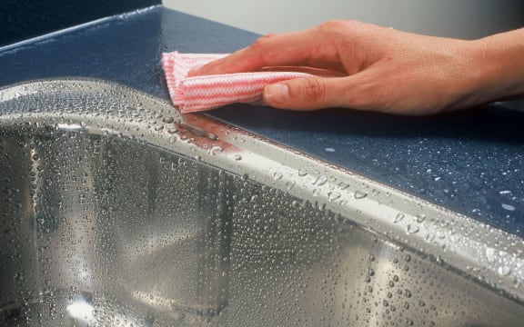 female hand with dish cloth