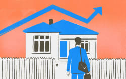 Stylised illustration of person in front of house and increasing line chart
