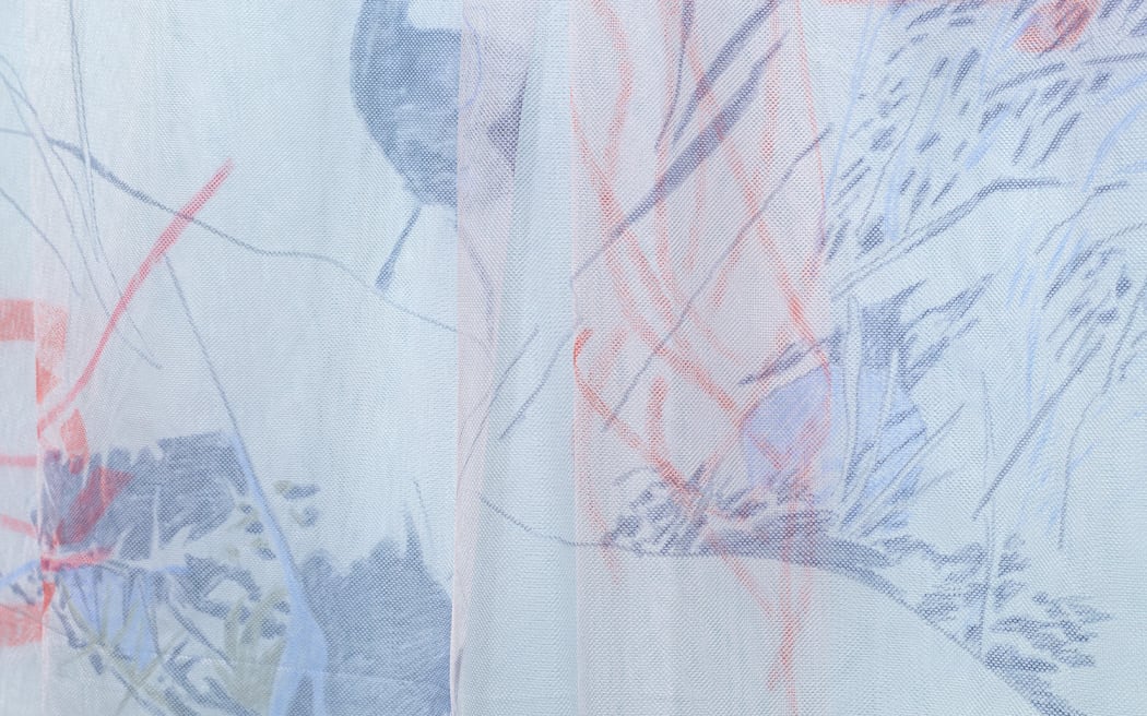 Madison Kelly Tohu! Karaka! Braid! (detail) 2023. Fishing netting, oil pencil. Courtesy of the artist.