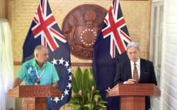 Mark Brown, left, and Winston Peters in Rarotonga. 8 February 2024