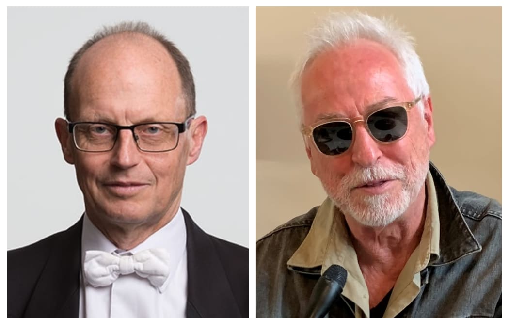 Head shots of NZSO violinist (left) and former Split Enz band member Eddie Raynor (right)
