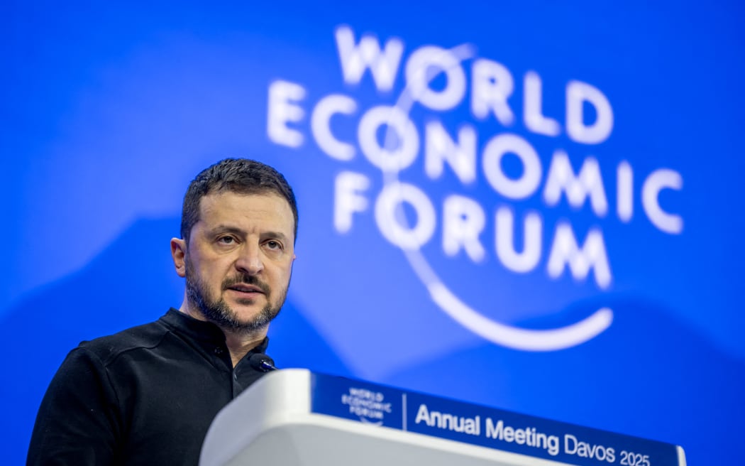 Ukrainian President Volodymyr Zelensky delivers a speech during the World Economic Forum (WEF) annual meeting in Davos on 21 January, 2025.