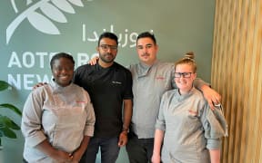Kiwi chefs, including Esther Olatunbosun (left), at the New Zealand Pavilion, Expo 2020, Dubai