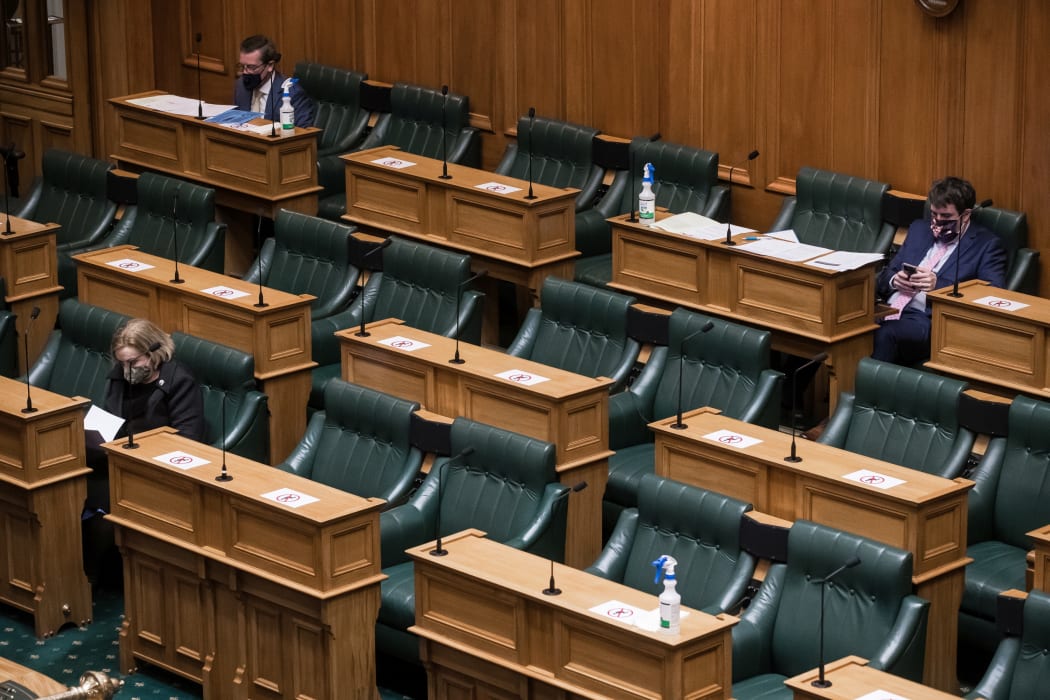 Judith Collins, Michael Woodhouse and Chris Bishop at The first Question time and sitting of the House  in alert level 4 lockdown in the House of Representatives debating chamber.