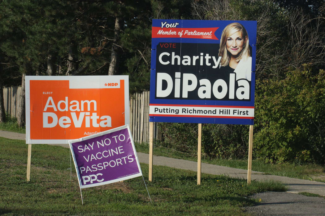 Election hoardings in Richmond Hill, Ontario this week, ahead of the national election on Monday.