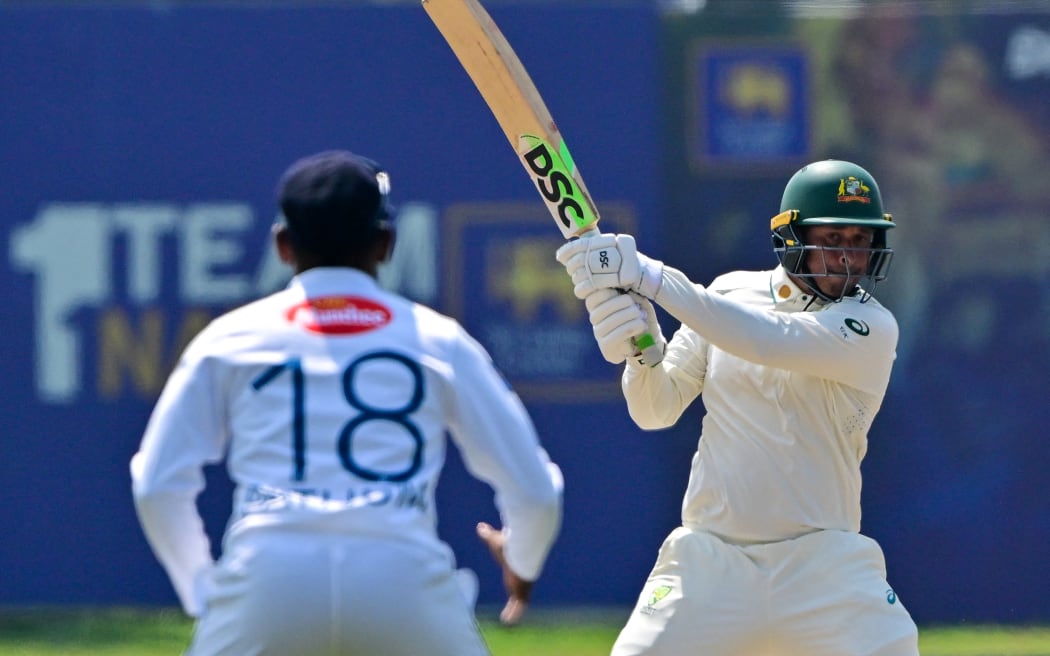 Australia's Usman Khawaja plays a shot during the fourth day of the second test cricket match against Sri Lanka in Galle. 9 Feb, 2025.