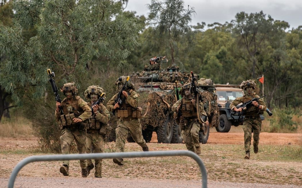 NZ Light Armoured Vehicles and infantry clearing a route during Exercise Talisman Sabre in Bowen, Australia, on July, 2023.