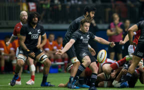 Brad Weber of the Maori All Blacks kicks the ball during a match between Canada and Maori All Blacks at BC Place Stadium, Vancouver, Canada on 3 November 2017.
