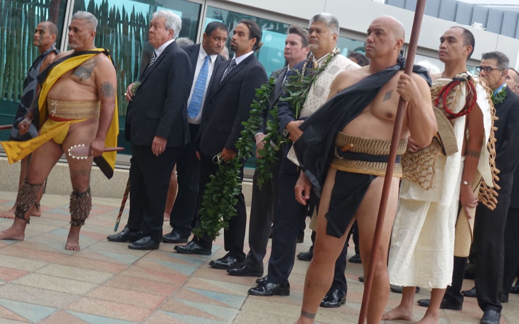 The Hawaiian delegation is welcomed on the marae at the Te Papa Museum.