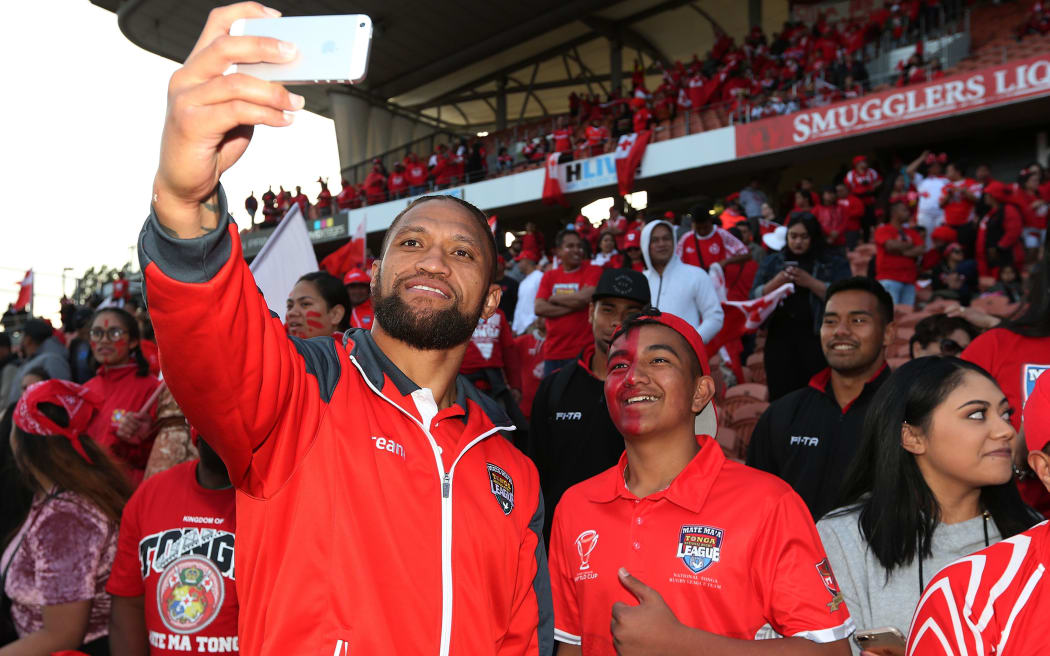 Manu Vatuvei interacts with Tongan fans at the 2017 World Cup