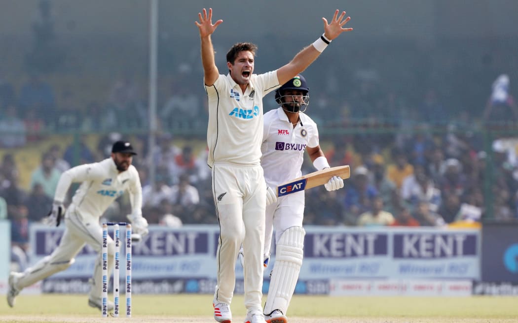 Tim Southee of New Zealand appeals for the wicket of Shreyas Iyer of India.
