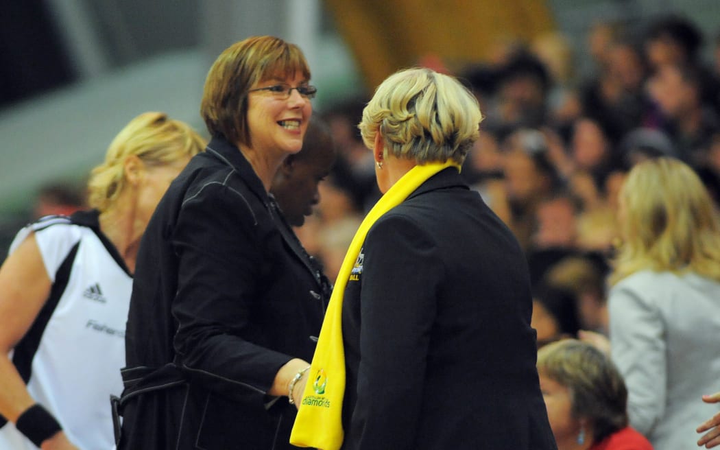 NZ coach Ruth Aitken shakes hands with Australian coach Norma Plummer after the 47-52 loss. International Netball  - New Zealand Silver Ferns v Australian Diamonds Constellation Cup match at Arena Manawatu, Palmerston North, New Zealand on Thursday, 9 June 2011. Photo: Dave Lintott / photosport.co.nz