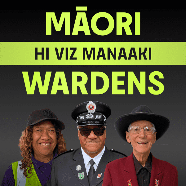 Image of Māori Wardens Marino Paikea, Richard Kingi and Peter Walden smiling next to each other on a black background. Above them is yellow text that says Māori Wardens: Hi Viz Manaaki.
