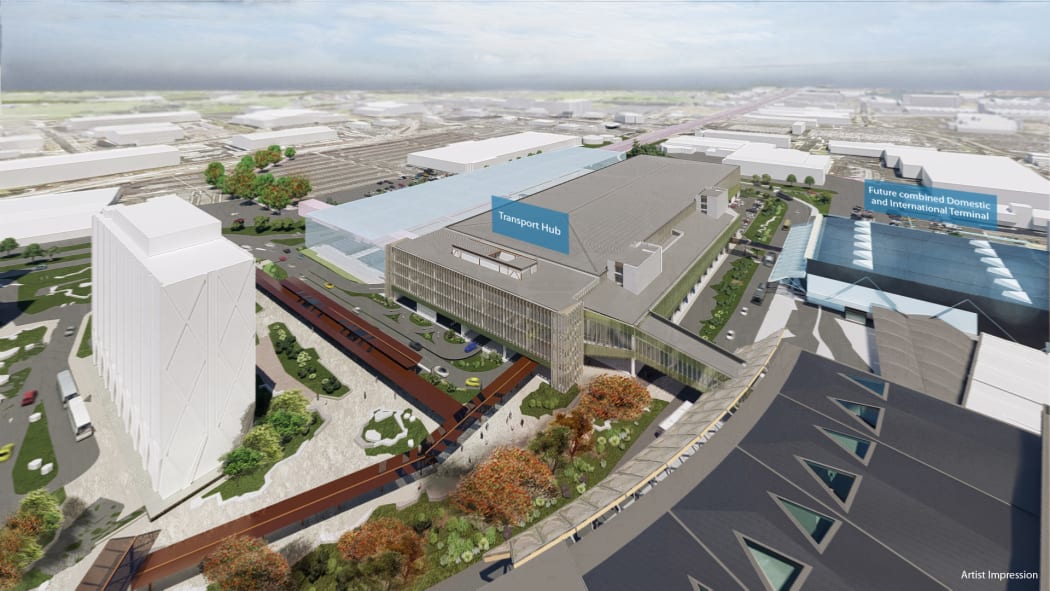 A render of the Transport Hub and combined domestic and international terminal.