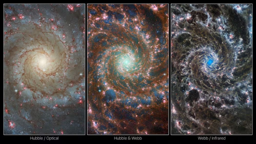 Hubble visible light (left), JWST infrared (right) and combined (centre) images of the ‘Phantom Galaxy’ M74. The ability to combine visible light information about stars with infrared images of gas and dust allow us to probe such galaxies in exquisite detail