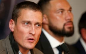 Promoter David Higgins speaks alongside Kiwi boxer Joseph Parker.