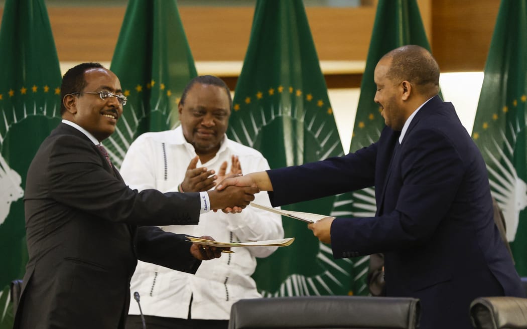 Redwan Hussein (L), Representative of the Ethiopian government, and Getachew Reda (R), Representative of the Tigray People's Liberation Front (TPLF), shake hands a peace agreement between the two parties during a press conference regarding the African Union-led negotiations to resolve conflict in Ethiopia at the Department of International Relations and Cooperation (DIRCO) offices in Pretoria on November 2, 2022. (Photo by PHILL MAGAKOE / AFP)